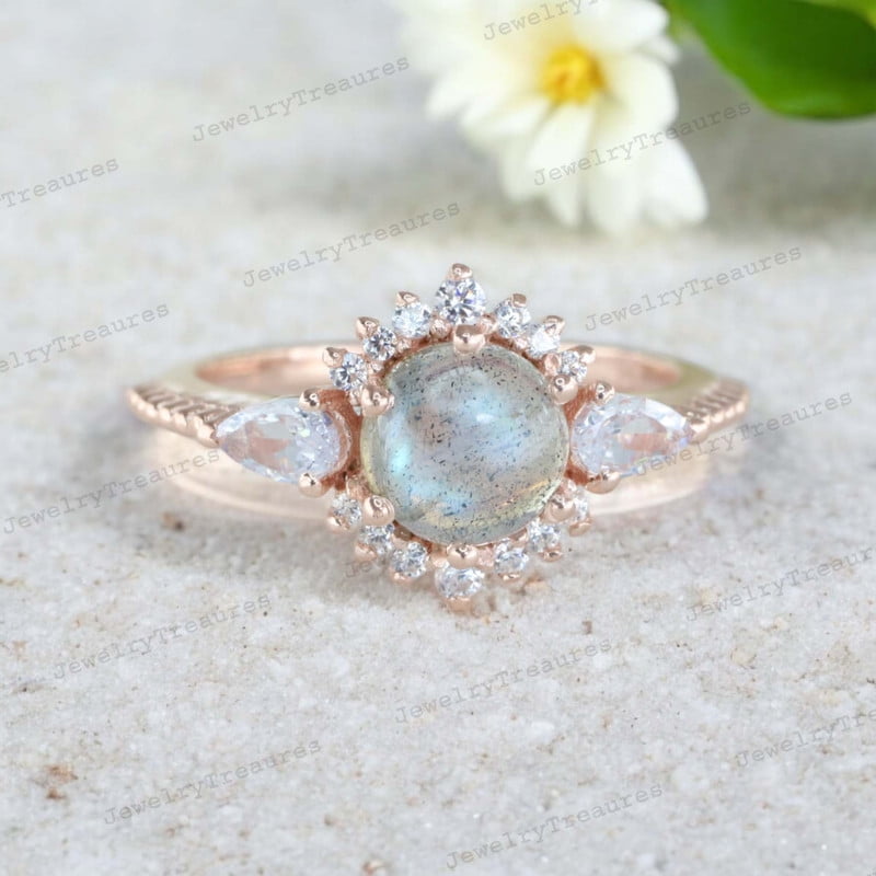 Vintage Labradorite Engagement Ring Diamond Halo Bridal Jewelry