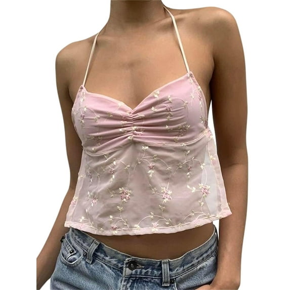 Vintage Lace Crop Top Women Sexy V Neck Backless Camisole Y2K Fairy Mini Vest E-Girl Streetwear