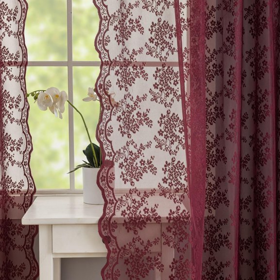 Vintage Lace Curtains 45 Inch Length Victorian Floral Sheer Curtain Panels for Kitchen Bathroom Small Windows Light Filtering 2 Pack 52W x 45L Burgundy