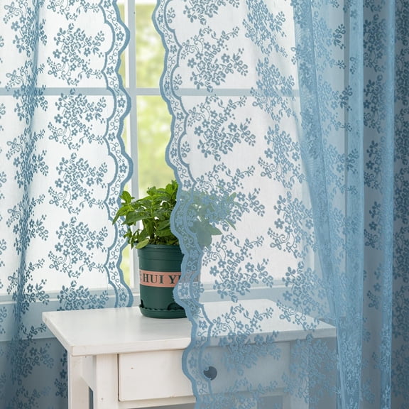 Vintage Lace Curtains 63 Inch Length - Victorian Floral Pattern Stone Blue Sheer For Bedroom Summer Beach Themed Room Decor 2 Panels W52 X L63 Dusty