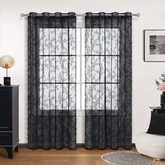 Vintage Lace Curtains Long-Victorian Curtain Panels for Living Room Bedroom French Door, Light Filtering Drapes, 2 Panels 39w X 79l, Black