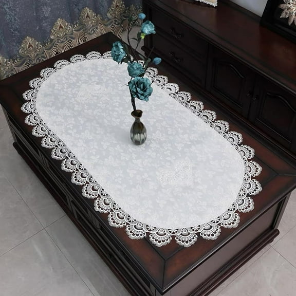Vintage Lace Doily, 40cm*90cm White Table Cover with Lace Trim, Coffee Table Topper Washable and Non-Slip Tablecloth for Dining Room Kitchen