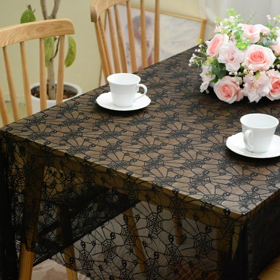 Vintage Lace Halloween Table Cloth, Wrinkle-Free Reusable Polyester Tablecloths, Rectangle Table Cover for Outdoor Camping Dining Table, Black, 87"×59"