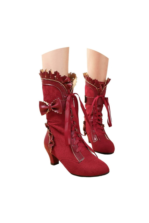 Vintage Lace Mid Calf Combat Boots for Women Cocktail Party Bow Leather Suede Kitten Heels Dress Boots