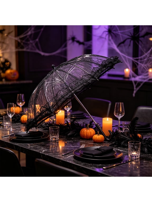 Vintage Lace Parasol - Gothic Lolita Umbrella UV Sun Protection, Witch Cosplay Photoshoot Props, Halloween Party Decoration