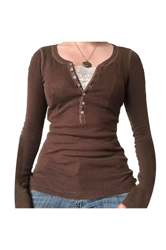 Vintage Lace Patchwork Cute Cotton Tshirts Women Korean Fashion Button Fairy Grunge Y2K Clothes Casual Spring Autumn Retro Tops