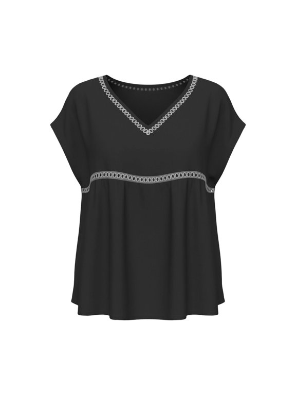 Vintage Lace Patchwork Short Sleeve Tops for Women Boho Tunic Tops Loose Casual Blouses Lace Patchwork Tops Loose Fit Comfy Shirts Lace Patch Blouses Casual Dressy Blouses Black L