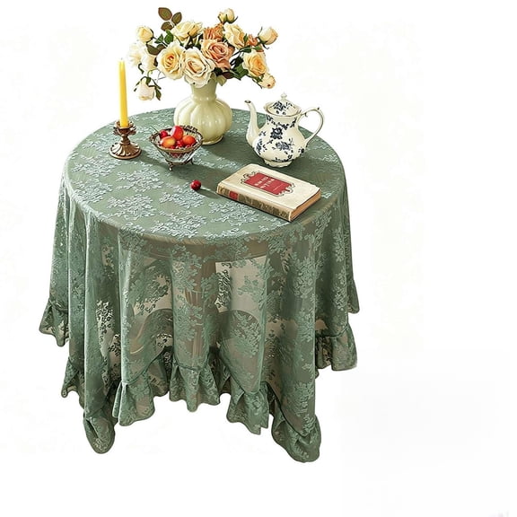 Vintage Lace Round Tablecloth with Ruffle Edge, Floral Embroidered Table Cloth for Rustic Wedding,Party Reception,Boho Cottagecore French Country Decor 59x59 Inch