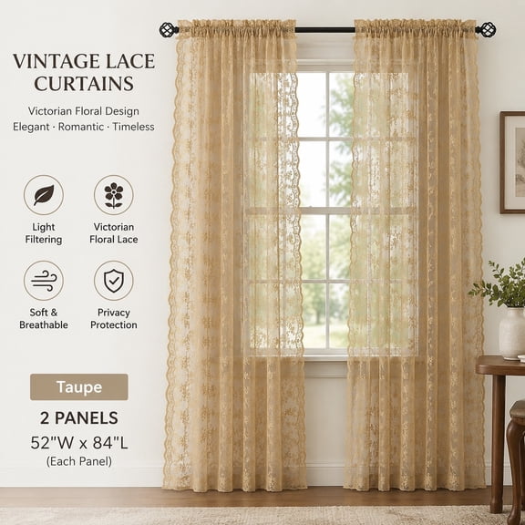 Vintage Lace Curtains 63 Inch Length 2 Panels Sheer Taupe Floral Crochet Curtains with Scalloped Edges Rod Pocket for Bedroom Dining Room Light Coffee
