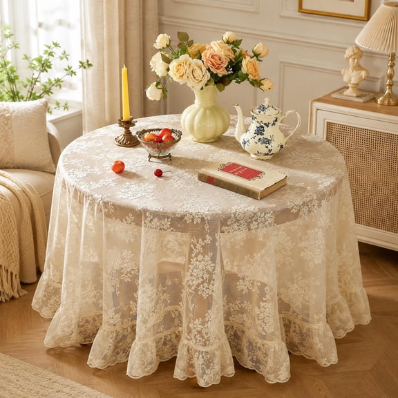 Vintage Lace Tablecloth,60" Round Table Cloth with Ruffled Hem,Lace Overlay Tablecloth,End Table Cover
