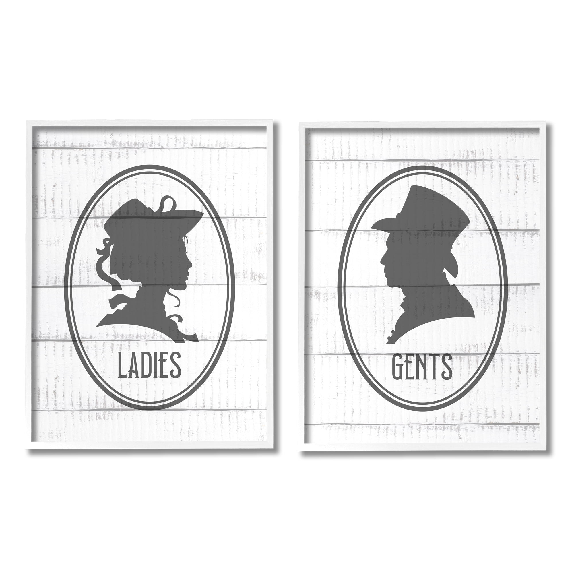 Vintage Ladies Gents Restroom Rustic Sign Silhouettes Typography Graphic Art Framed Art Print Wall Art, Set Of 2