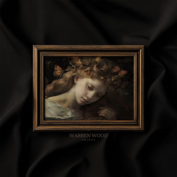 Vintage Lady Butterfly Print, Rustic Autumn Wall Art, Moody Soft Portrait, Dark Orange Insect Decor, Fall Butterfly Artwork Home Decor #1541, Unframed Canvas Size 12x18