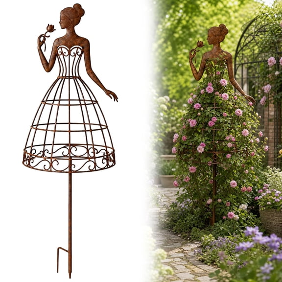 Vintage Lady Garden Trellis Stake, Rustic Metal Plant Support with Elegant Woman Silhouette for Climbing Vines, Roses & Flowers – Yard Art Decor