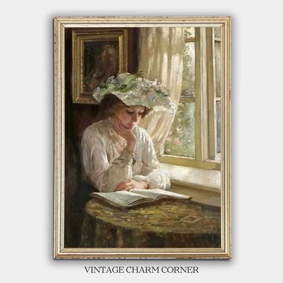 Vintage Lady Reading By Window Unframed Paper Print