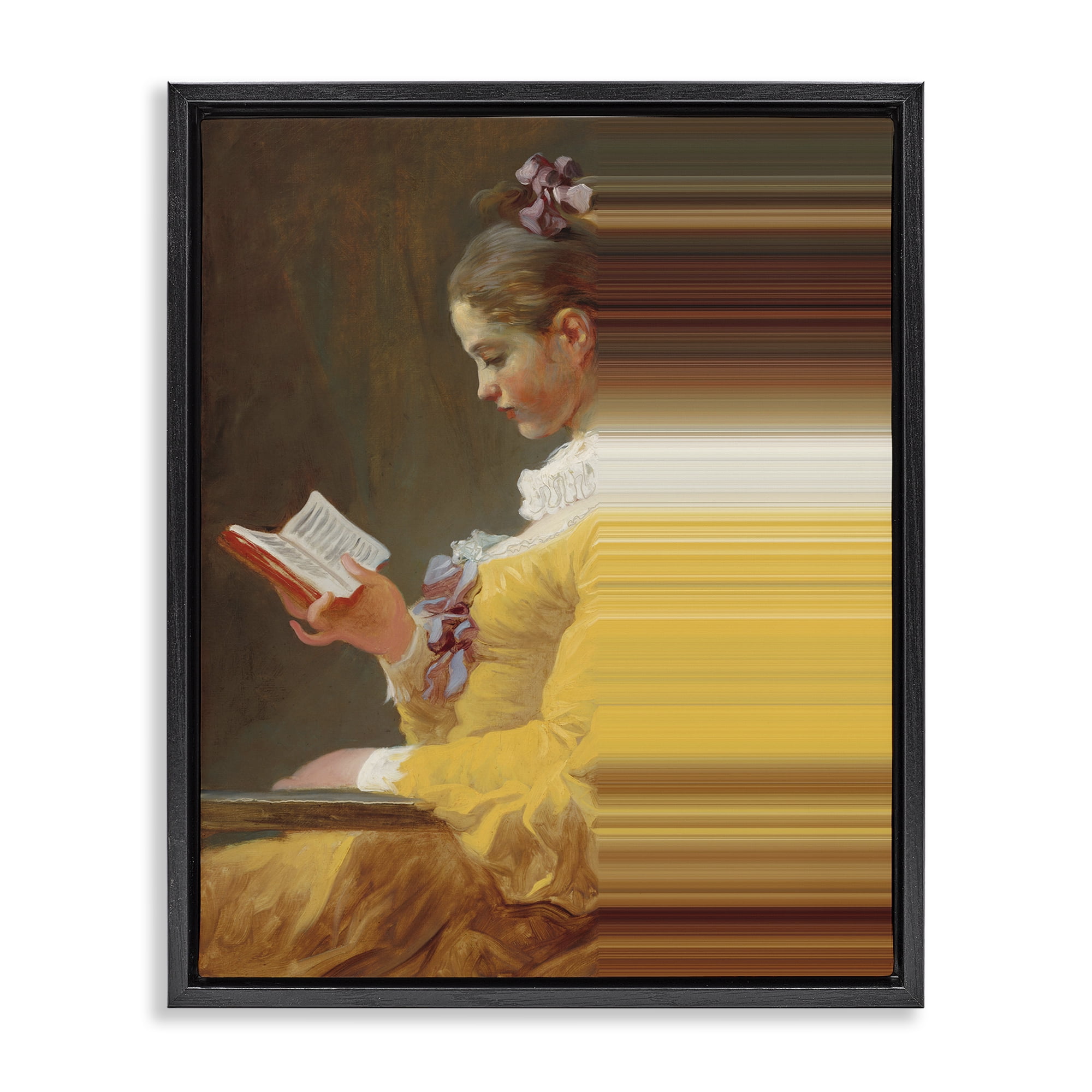 Vintage Lady Reading with Gradient Streaks Black Framed Floater Canvas Wall Art, design by Seven Trees Design
