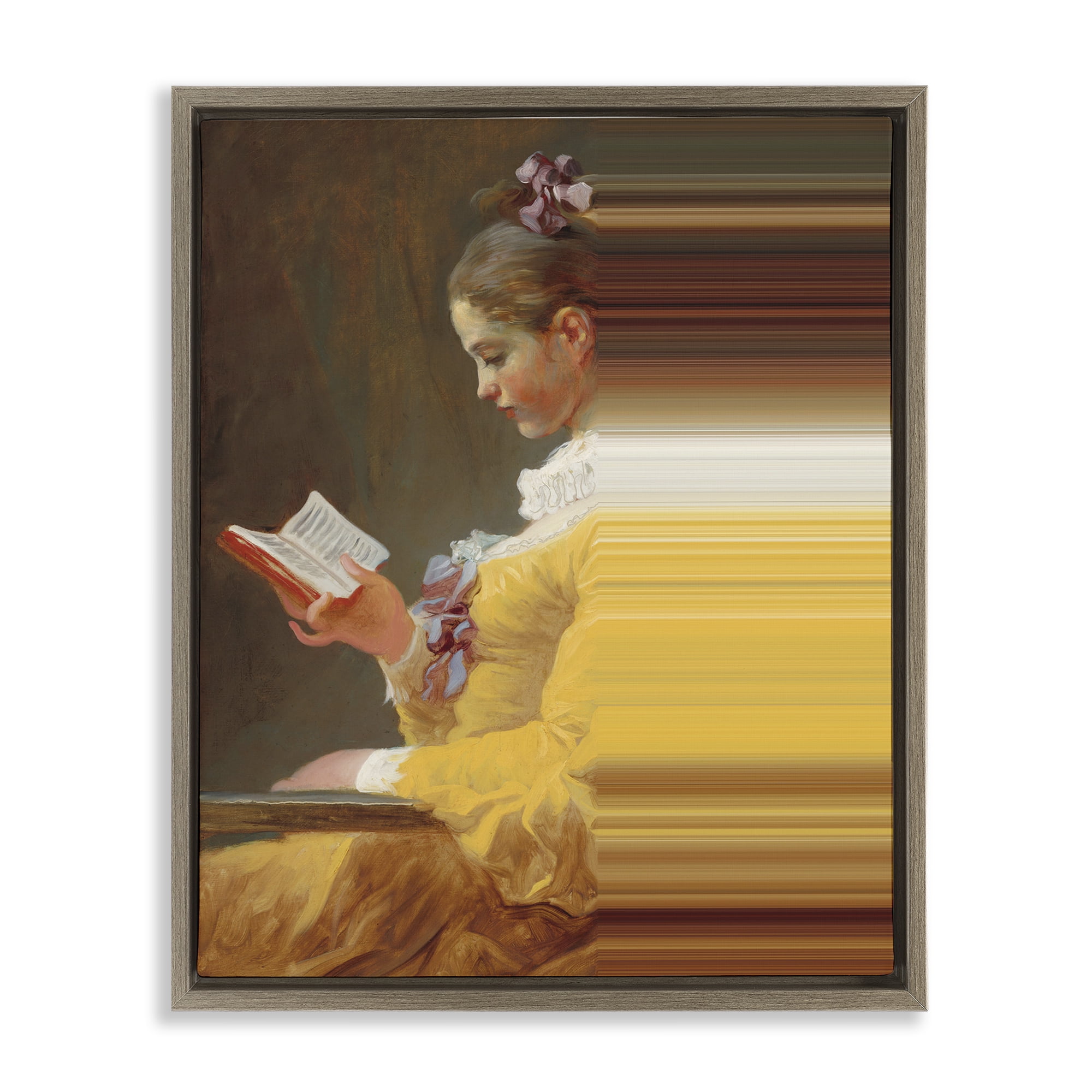 Vintage Lady Reading with Gradient Streaks Brown Framed Floater Canvas Wall Art, design by Seven Trees Design