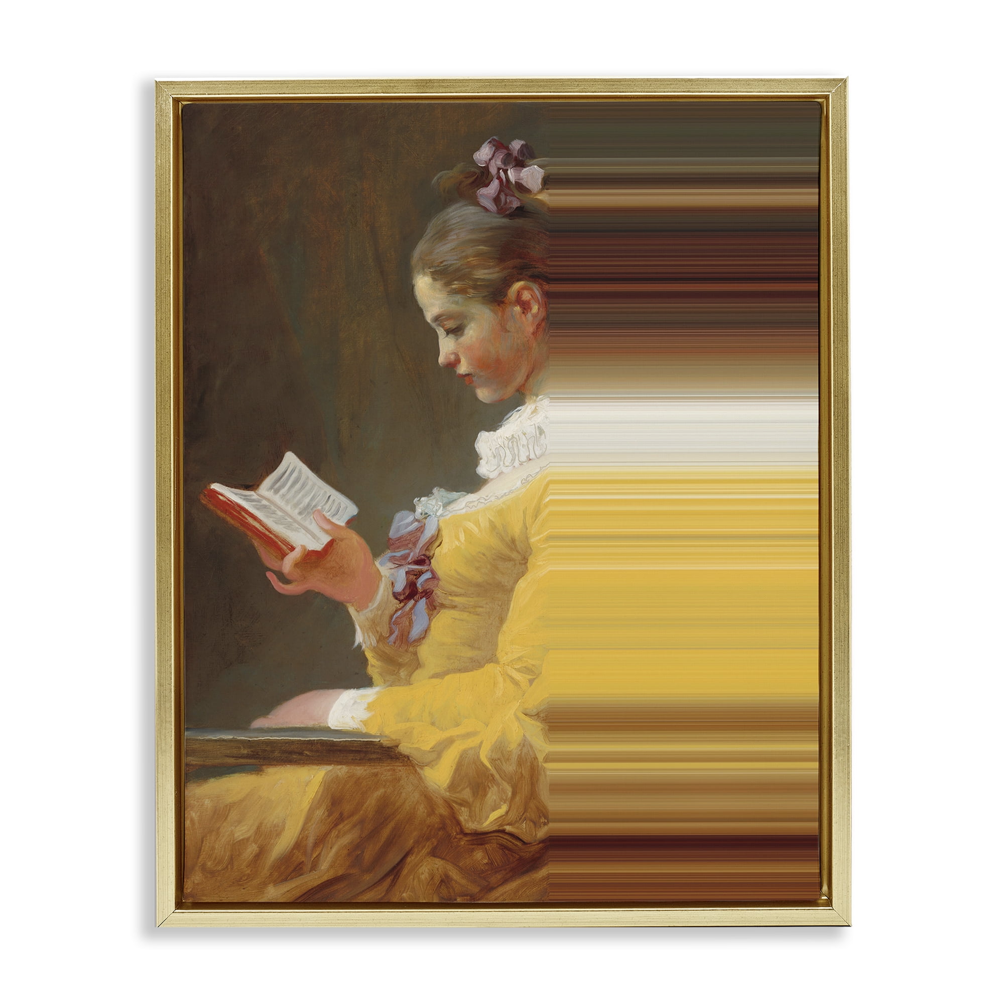 Vintage Lady Reading with Gradient Streaks Gold Framed Floater Canvas Wall Art, design by Seven Trees Design