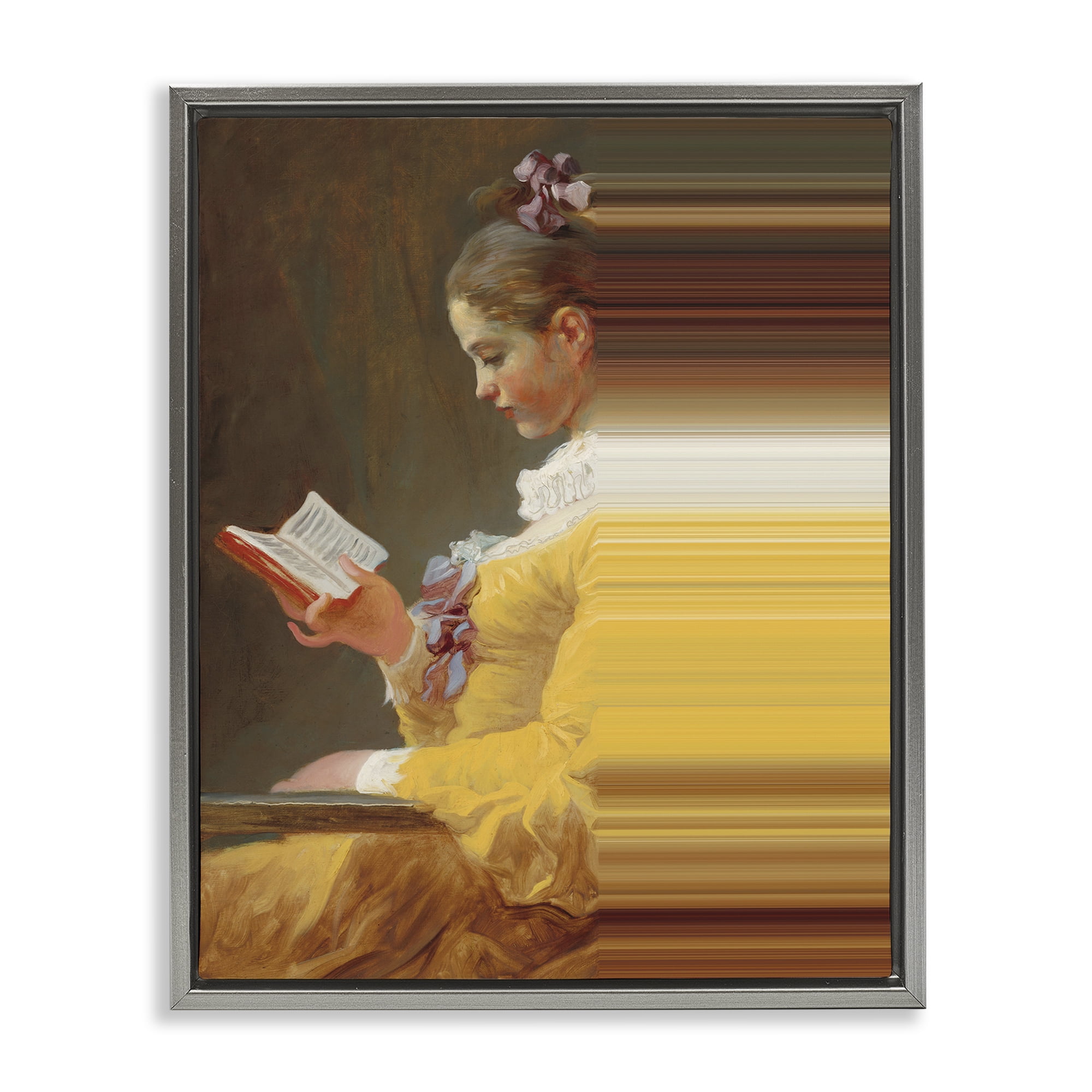 Vintage Lady Reading with Gradient Streaks Gray Framed Floater Canvas Wall Art, design by Seven Trees Design