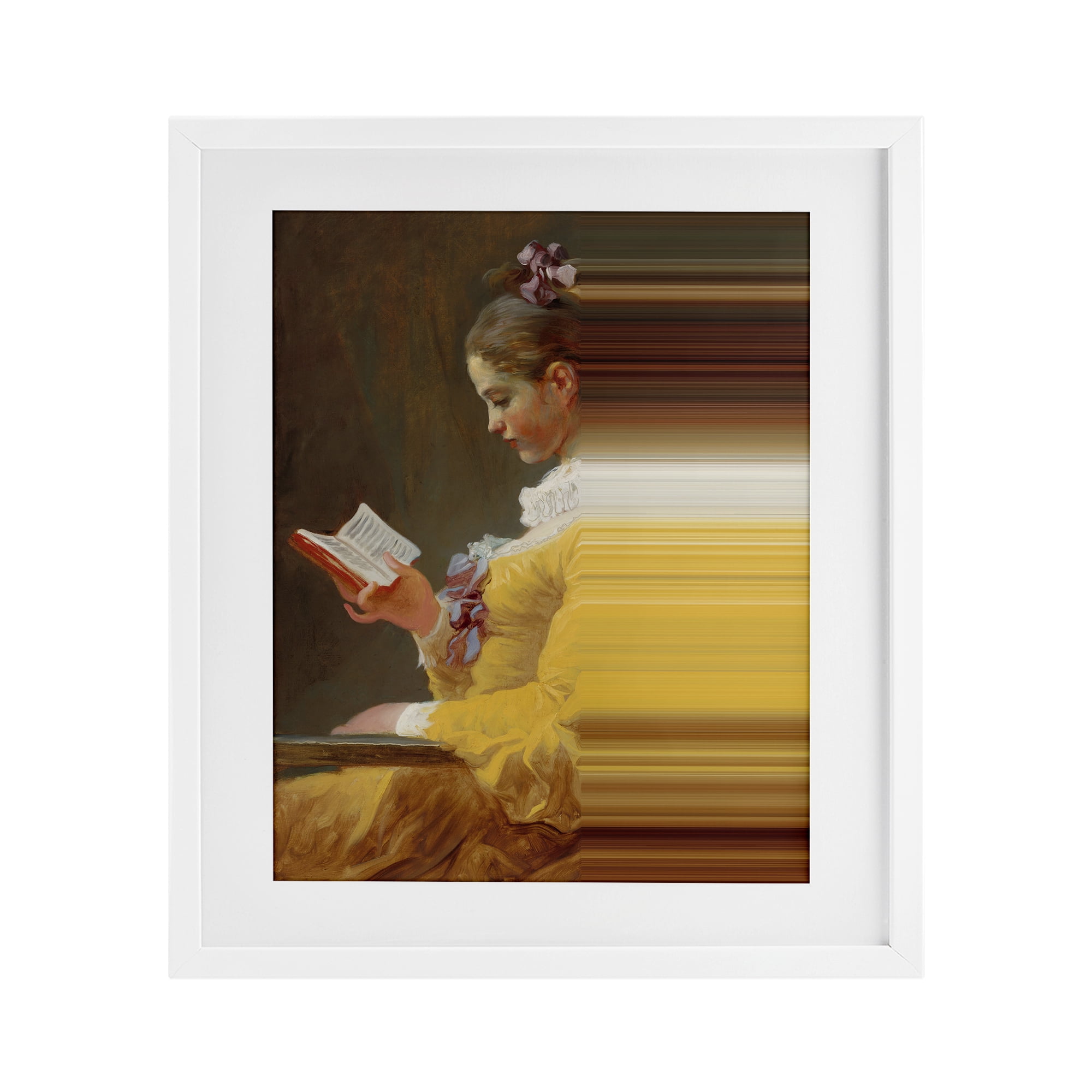 Vintage Lady Reading with Gradient Streaks White Framed Print Under Glass, design by Seven Trees Design