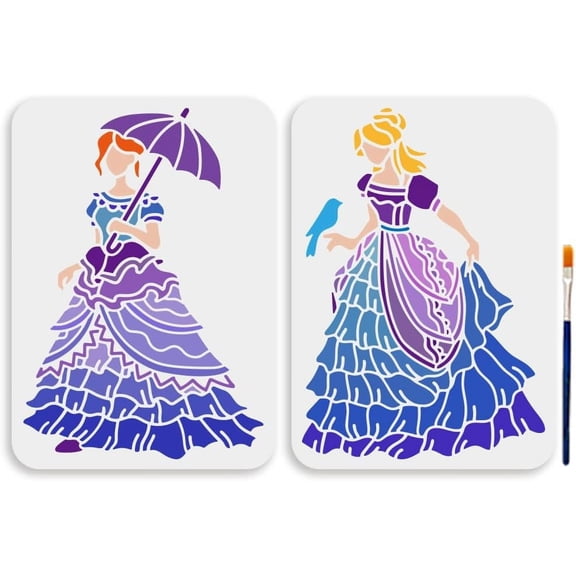Vintage Lady Silhouette Stencil Set of 2 A4 Size (11.7x8.3 Inch) Courtly Dance Dress Template Reusable Multi-Surface Stencil for Wood Fabric Wall Window DIY Colorful DIY