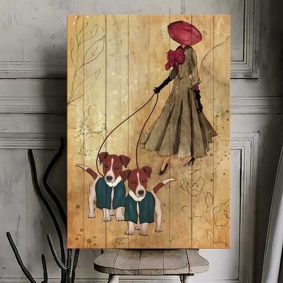 Vintage Lady Walking Dogs Canvas Wall Art – Elegant Retro Illustration with Puppies – Rustic Wood Style Background – Decorative Artwork for Living Room, Hallway, or Pet Lover’s Home – Ready to Hang