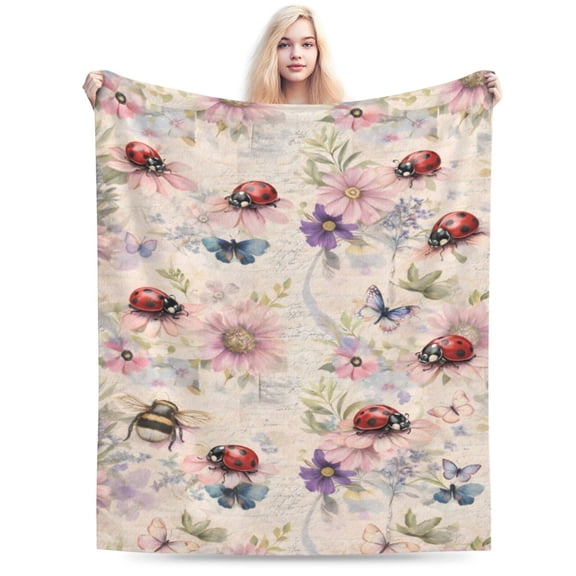 Vintage Ladybug Floral Throw Blanket for Couch Bed Soft Cozy Botanical Garden Design Cottagecore Home Decor Mother’s Day Gift 50x40