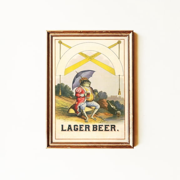 Vintage Lager Beer Poster Frog With Umbrella Drinking Beer Mailed Print Antique Brewery Advertising Art Whimsical Pub Wall Decor, Poster Only