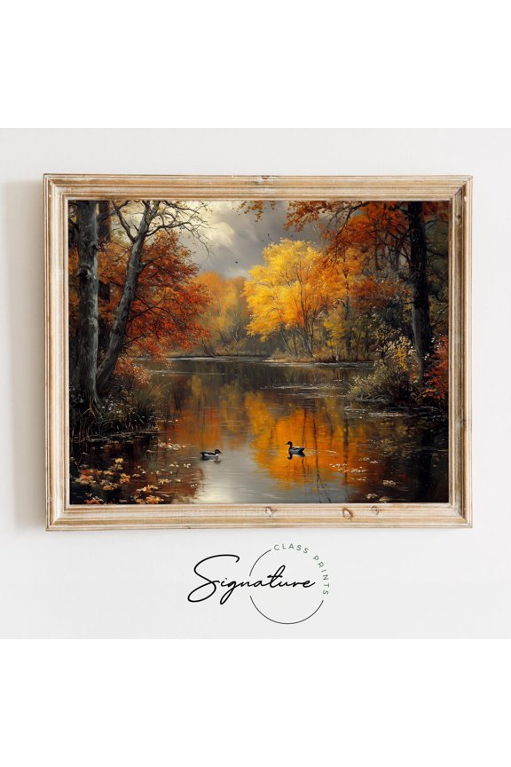 Vintage Lake Autumn Wall Art, Fall Trees And Ducks Poster, Rustic Nature Scene, Tranquil Lake Decor, Vintage Fall Landscape Art Poster 1282 Home Decor, 24x36 UNFRAMED