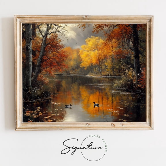 Vintage Lake Autumn Wall Art, Fall Trees And Ducks Poster, Rustic Nature Scene, Tranquil Lake Decor, Vintage Fall Landscape Art Poster 1282 Home Decor, 24x36 UNFRAMED