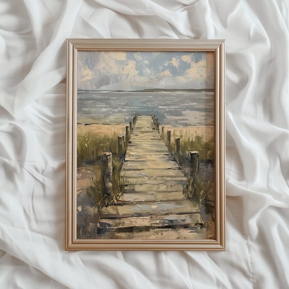 Vintage Lake Dock Painting | Rustic Cottage Scenery Art Size 24x36 Unframed Poster