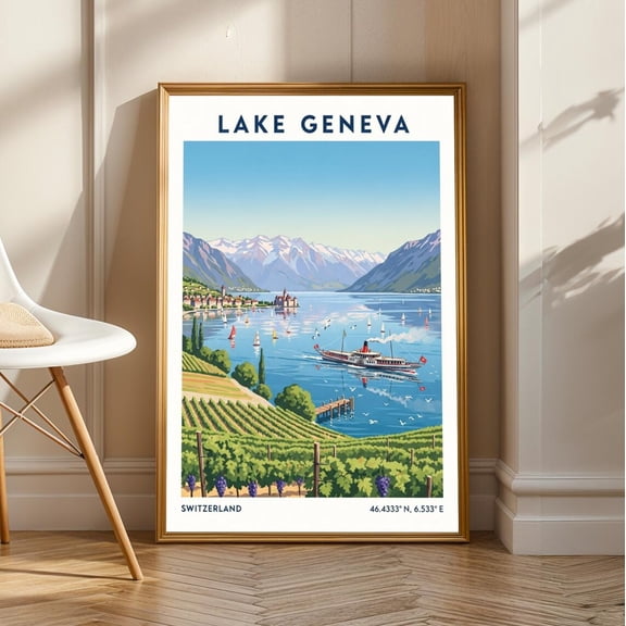 Vintage Lake Geneva Steamship Poster: Swiss Travel Art, Unframed Poster Size 24x36