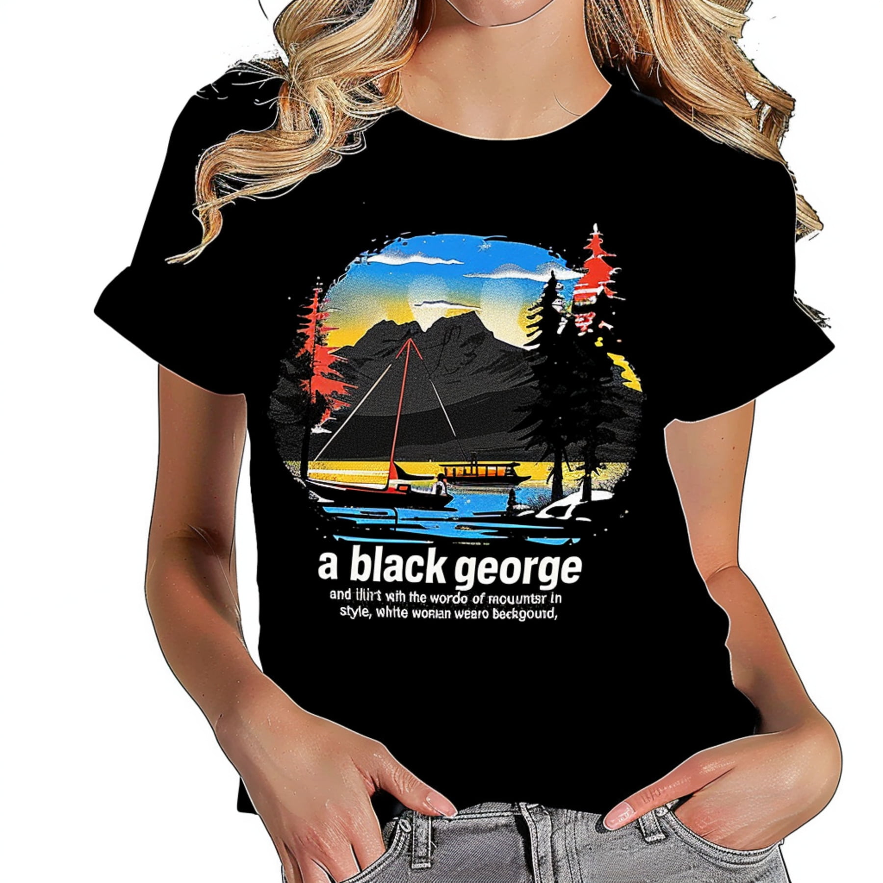 Vintage Lake George Sunset Retro Design Black TShirt with Mountains ...