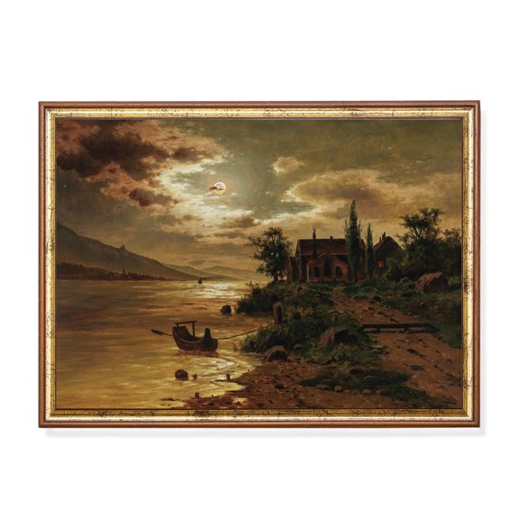Vintage Lake Landscape Moody Moonlight Scenery Rustic Landscape Farmhouse Country Nature Wall Decor Unframed Paper Print