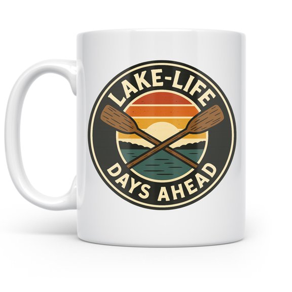 Lake-Life 11 oz Coffee Mug - Retro Sunset Design White Ceramic Gift