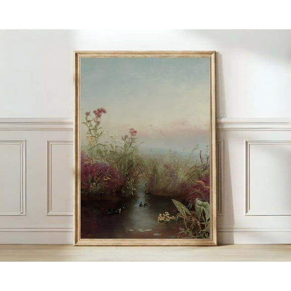 Vintage Lake Reed Farmhouse Decor Rustic Country Scenery Print, Stretched Canvas Size 8x12