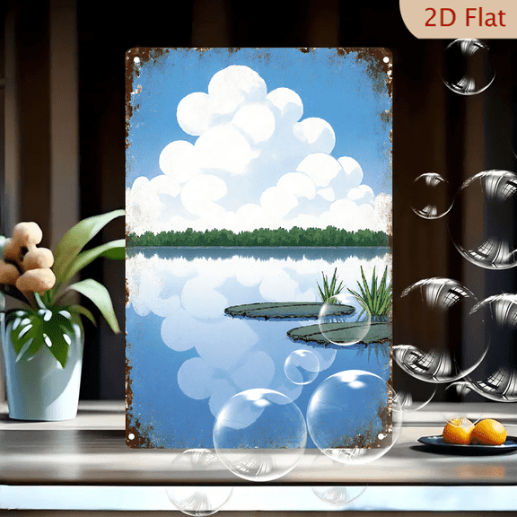 Vintage Lakeside Landscape Metal Wall Art 8x12 Inches, Serene Blue Sky with Fluffy Clouds and Green Trees, Rustic Weathered Border Antique Poster Aesthetic for Home Decor