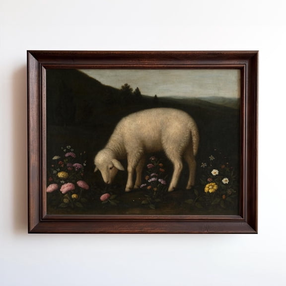 Vintage Lamb In Meadow Of Wildflowers Rustic Farm Animal Wall Art For Cottage Nursery Or Country Kitchen Decor, Unframed Paper Print