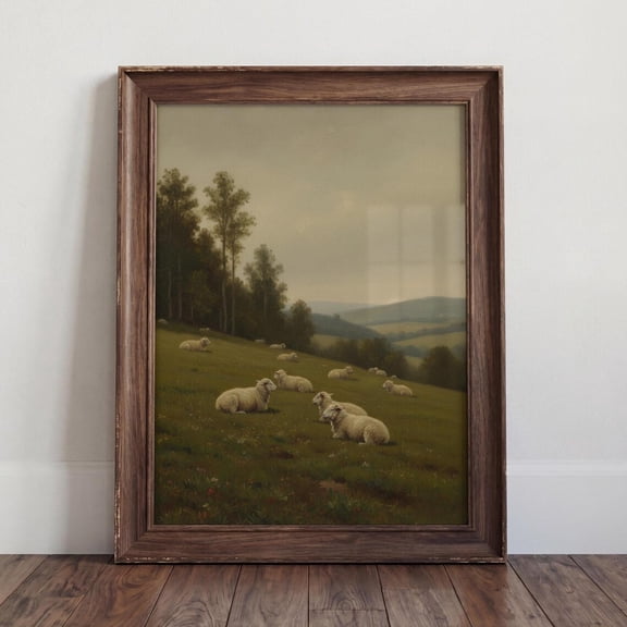 Vintage Lamb In Spring Meadow Wall Art Print, Rustic Farmhouse Sheep Landscape, Decor