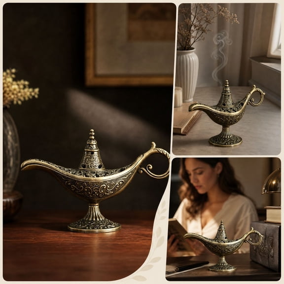 Vintage Lamp Incense Burner, Decorative Metal Aroma Ornament with Relief Patterns, Ventilated Incense Diffuser Holder for Living Room Tea Room Study Entryway Home Decor
