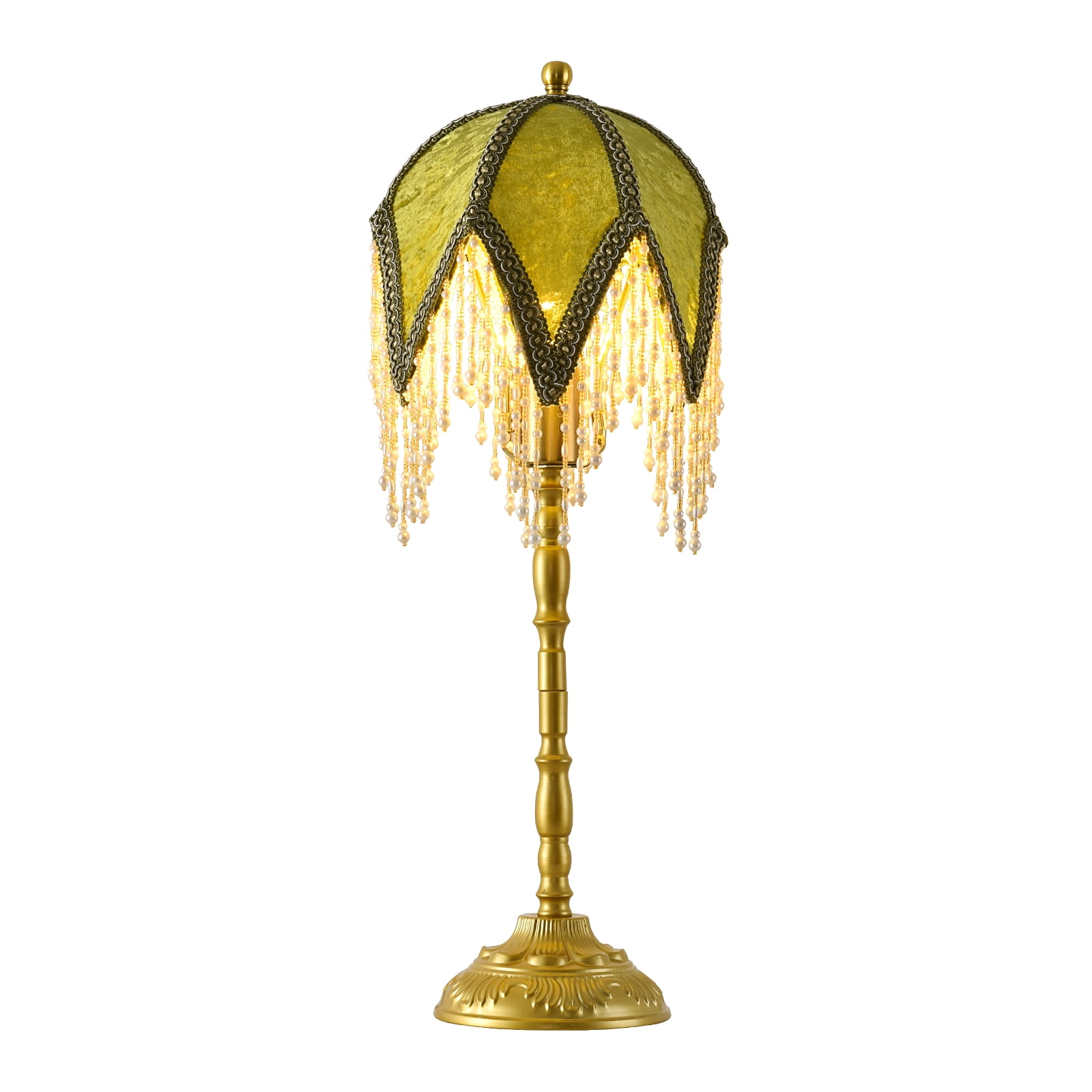 Vintage Tasselled Table Lamp with Beaded Shade, 3 Color Temperatures, Green and Gold, Victorian Style