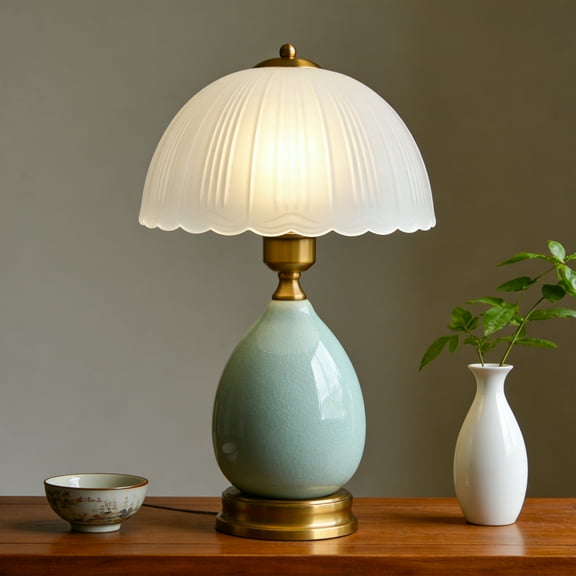 Vintage Lamp for Living Room,16" Modern Ceramic Table Lamps for Bedroom,Retro Bedside Nightstand Traditional Lamps, Classic Chinoiserie Green Lamp for Home Decor
