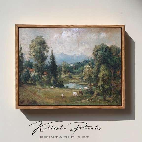 Vintage Landscape Countryside Cows Trees Rustic European Poster Art Print for Wall Decor