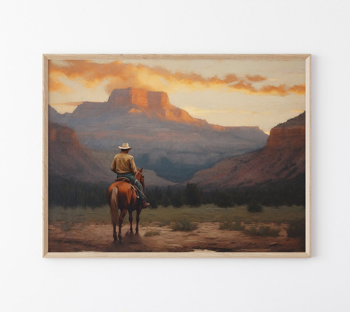 Vintage Landscape Cowboy Oil Painting Print, Western Wall Art, Mid ...