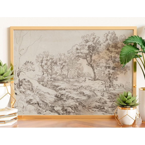 Vintage Landscape Drawing: Rustic French Country Wall Art, Unframed Poster Size 24x36