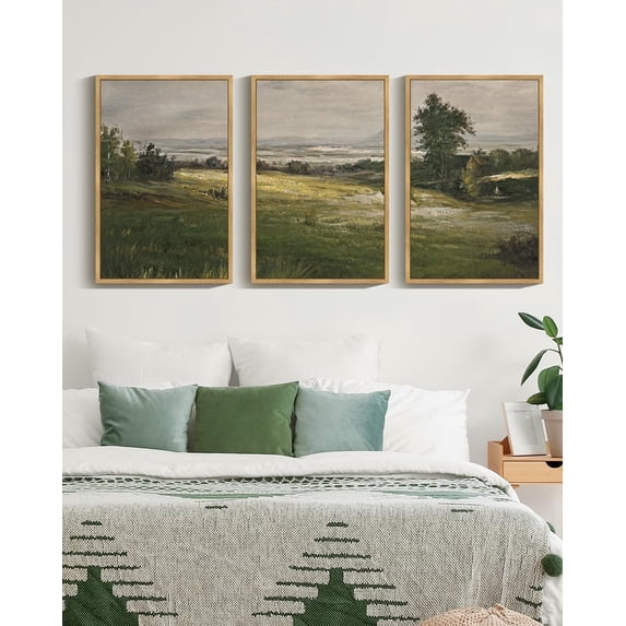 Vintage Landscape Framed Wall Art 16x24in3pcs Large The Vast Grassland Retro Classic Paints Rustic Farmhouse Living Room Bedroom Natural Framed