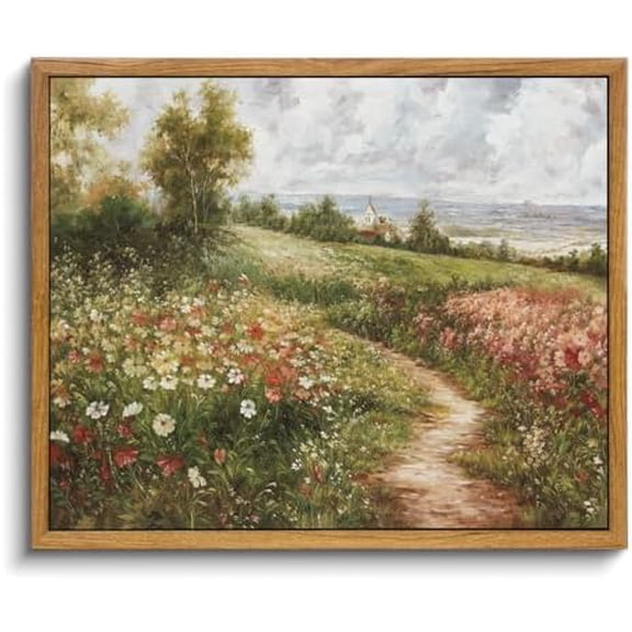 Vintage Landscape Framed Wall Art Summer Countryside Wildflower Field Path Canvas Art Prints Farmhouse Cottagecore Pictures Wall Decor Rustic Meadow Paintings Artwork For Kitchen Bedroom