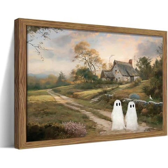 Vintage Landscape Ghost Wall Art, Country Halloween Gothic Cute Ghost Wall Decor Paintings, Retro Farmhouse Rustic Posters Prints Pictures for Living Room Bedroom Home Decor 12x16 Inch Wood Framed
