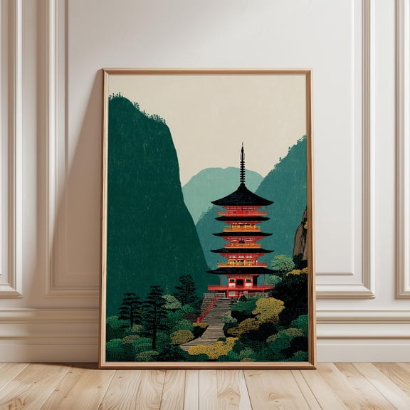 Vintage Landscape Japanese Pagoda Red Temple Illustration Oriental Decor, Stretched Canvas 12x16in