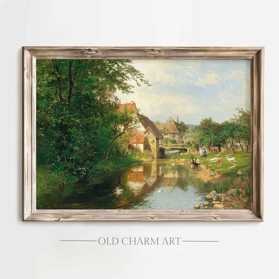Vintage Landscape Poster, Rustic Landscape, Summer Village Wall Art, River Cottage Poster, Wa118, Unframed Poster Size 8x12