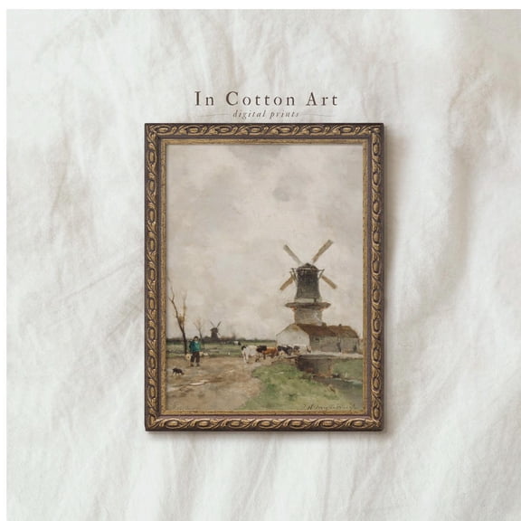 Vintage Landscape Rustic Farmhouse Windmill Scene, Unframed Paper Print